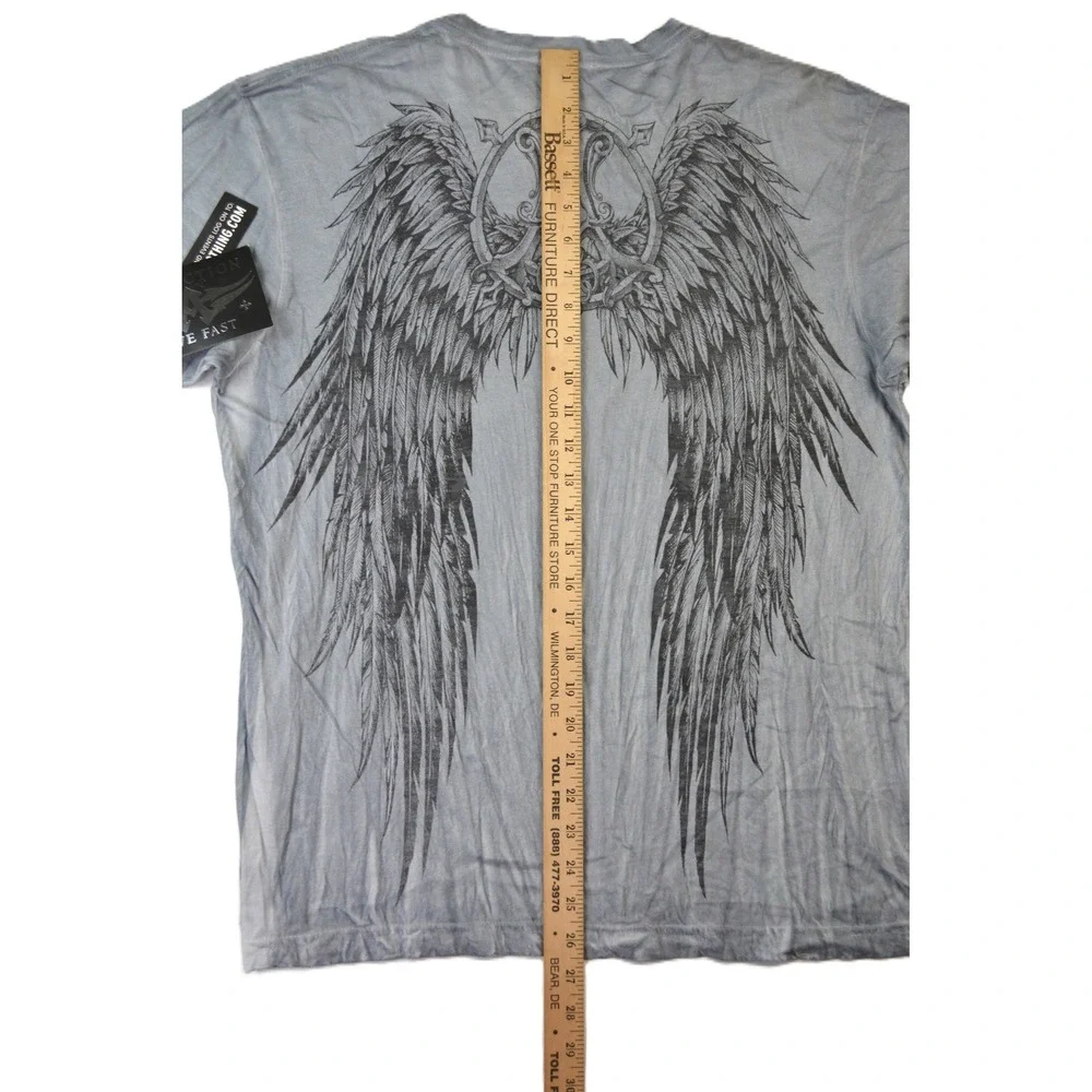 Affliction Eros SS Tee Mens Large Blue Distressed Wing Graphic T-Shirt A2242 NEW - Picture 10 of 10